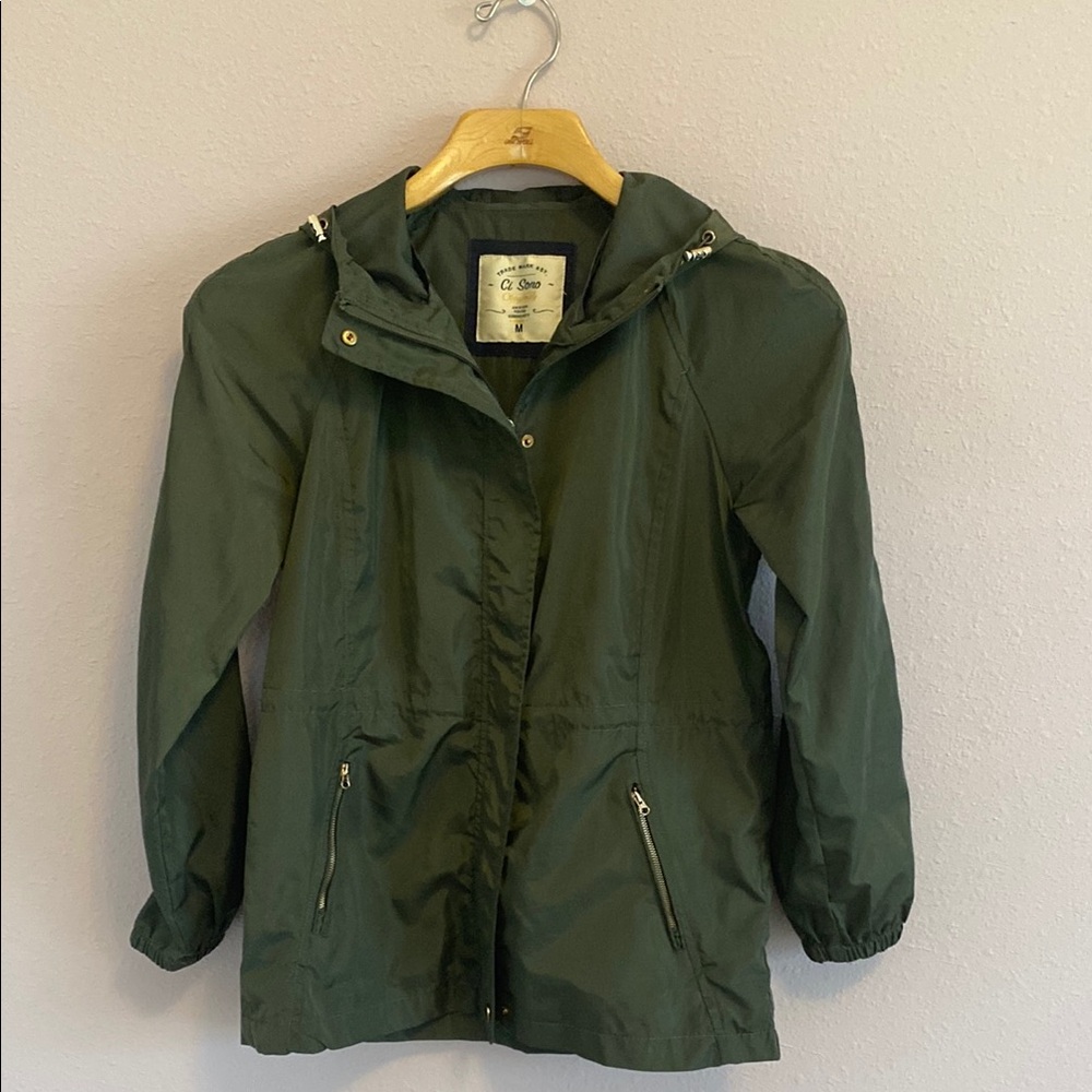 Ci Sono Olive Green Hooded Zip Front Rain Jacket Raincoat Women’s Size Medium